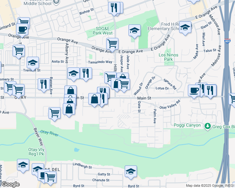 map of restaurants, bars, coffee shops, grocery stores, and more near 3800 Main Street in Chula Vista
