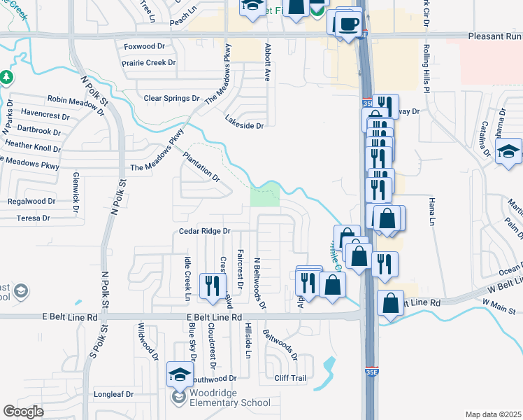 map of restaurants, bars, coffee shops, grocery stores, and more near 223 North Beltwood Drive in DeSoto