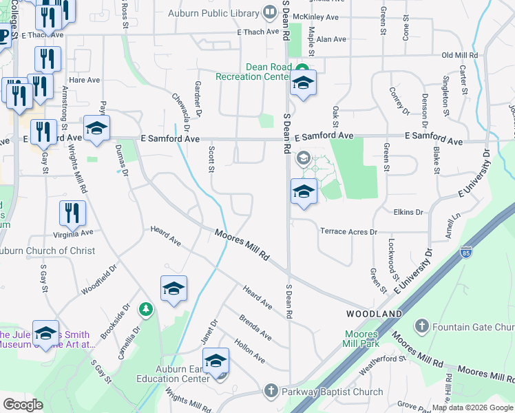 map of restaurants, bars, coffee shops, grocery stores, and more near 623 Forestdale Drive in Auburn