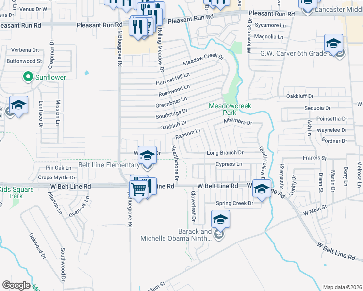 map of restaurants, bars, coffee shops, grocery stores, and more near 611 Rolling Meadow Drive in Lancaster