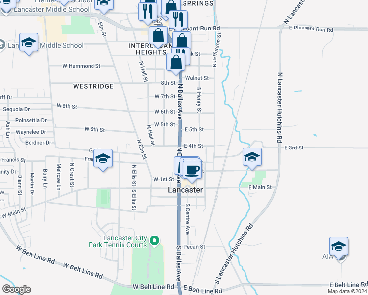 map of restaurants, bars, coffee shops, grocery stores, and more near 428 North Dallas Avenue in Lancaster