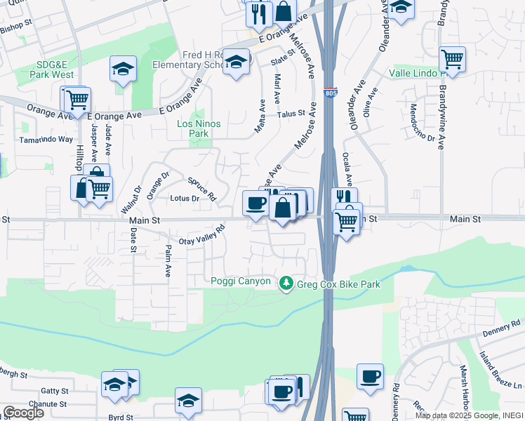 map of restaurants, bars, coffee shops, grocery stores, and more near 1682 Melrose Avenue in Chula Vista