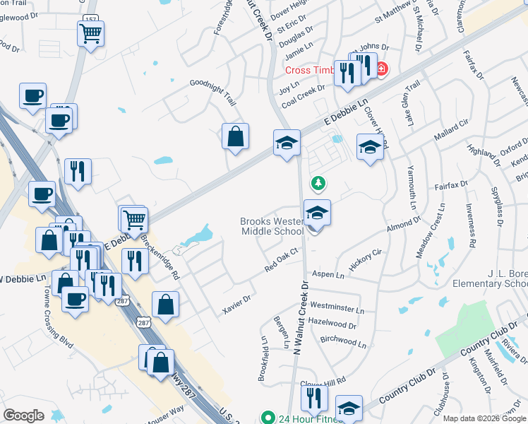 map of restaurants, bars, coffee shops, grocery stores, and more near 903 Shannon Creek Road in Mansfield