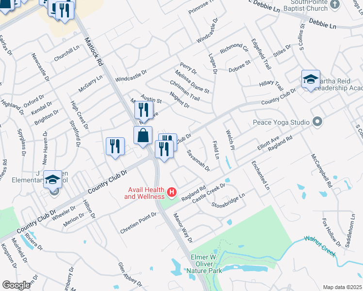map of restaurants, bars, coffee shops, grocery stores, and more near 2309 Savannah Drive in Mansfield