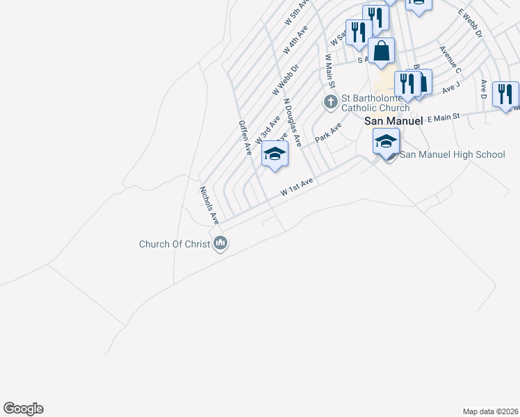map of restaurants, bars, coffee shops, grocery stores, and more near 1001 West 1st Avenue in San Manuel
