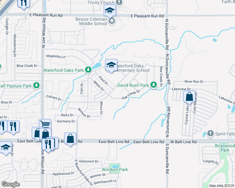 map of restaurants, bars, coffee shops, grocery stores, and more near 619 Oak Creek Drive in Cedar Hill