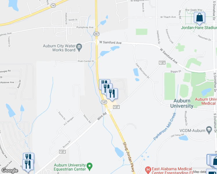 map of restaurants, bars, coffee shops, grocery stores, and more near 626 Alabama 267 in Auburn