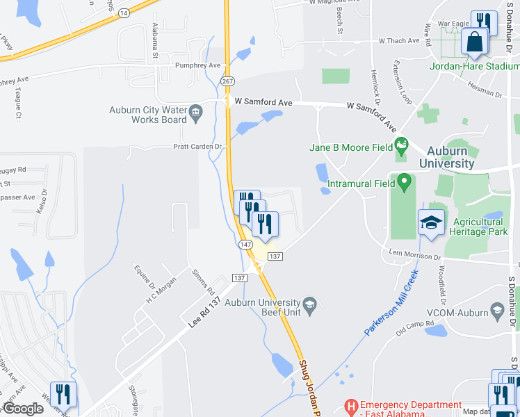 map of restaurants, bars, coffee shops, grocery stores, and more near 626 Alabama 267 in Auburn