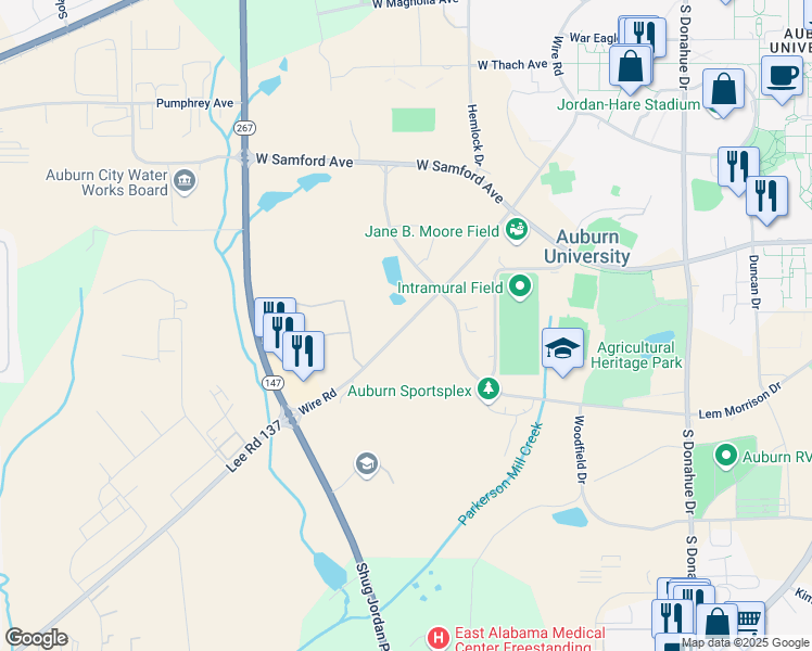 map of restaurants, bars, coffee shops, grocery stores, and more near 301 Wire Road in Auburn
