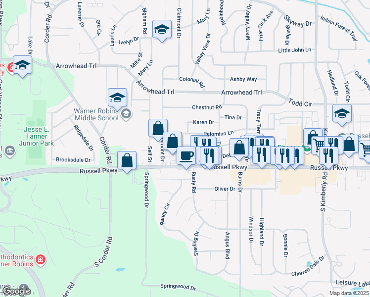 map of restaurants, bars, coffee shops, grocery stores, and more near 114 Sonja Drive in Warner Robins