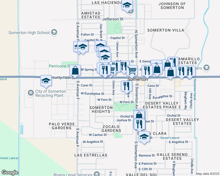 map of restaurants, bars, coffee shops, grocery stores, and more near 426-436 Eucalyptus Alley in Somerton