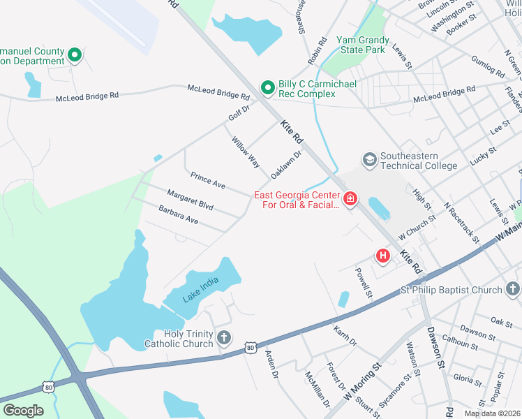 map of restaurants, bars, coffee shops, grocery stores, and more near 447 Prince Avenue in Swainsboro