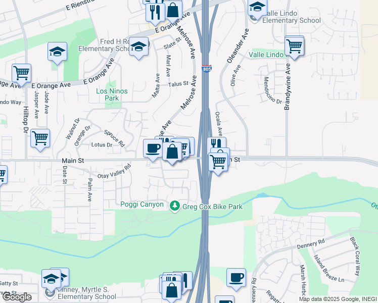 map of restaurants, bars, coffee shops, grocery stores, and more near 1691 Melrose Avenue in Chula Vista