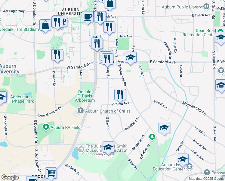 map of restaurants, bars, coffee shops, grocery stores, and more near 551 South Gay Street in Auburn