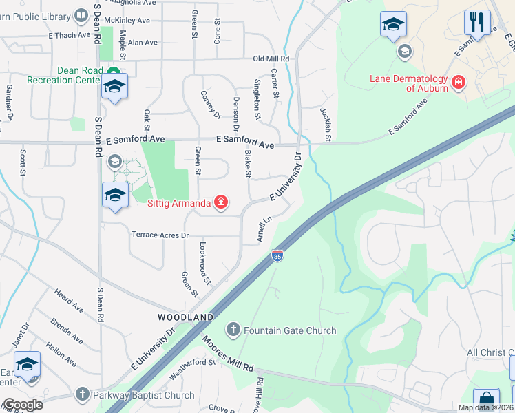 map of restaurants, bars, coffee shops, grocery stores, and more near 1172 East University Drive in Auburn