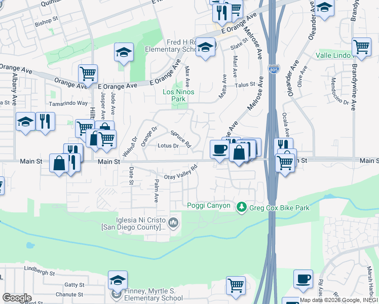 map of restaurants, bars, coffee shops, grocery stores, and more near 1694 Derek Way in Chula Vista