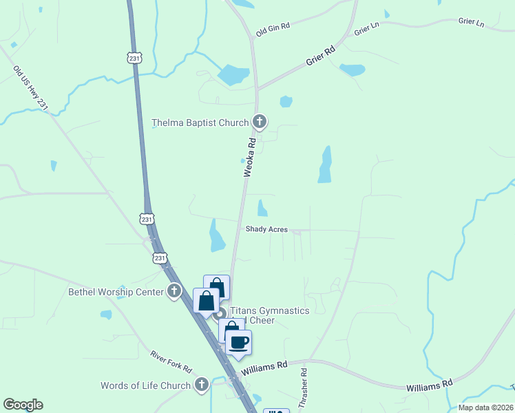 map of restaurants, bars, coffee shops, grocery stores, and more near 406-450 Weoka Road in Wetumpka