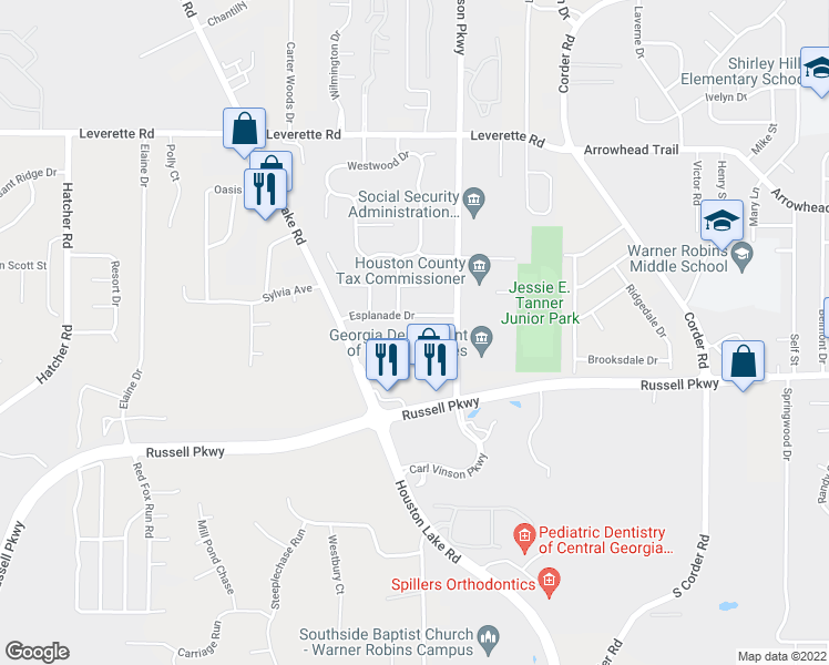 map of restaurants, bars, coffee shops, grocery stores, and more near 187 Engracia Drive in Warner Robins