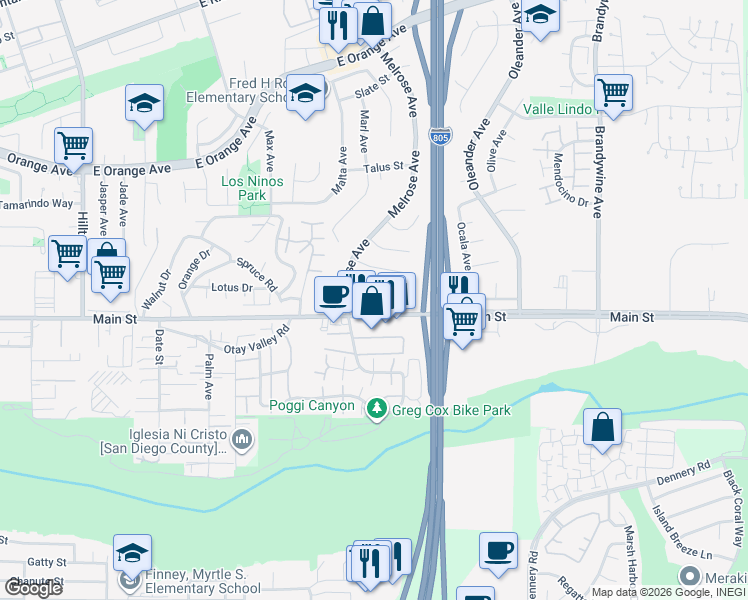map of restaurants, bars, coffee shops, grocery stores, and more near 1675 Melrose Avenue in Chula Vista