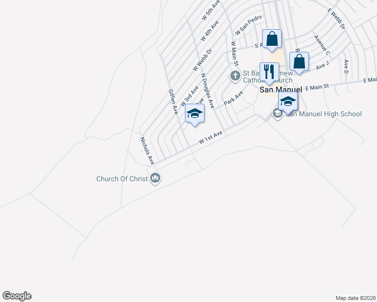 map of restaurants, bars, coffee shops, grocery stores, and more near 1001 West 1st Avenue in San Manuel
