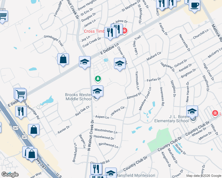 map of restaurants, bars, coffee shops, grocery stores, and more near 1520 North Walnut Creek Drive in Mansfield