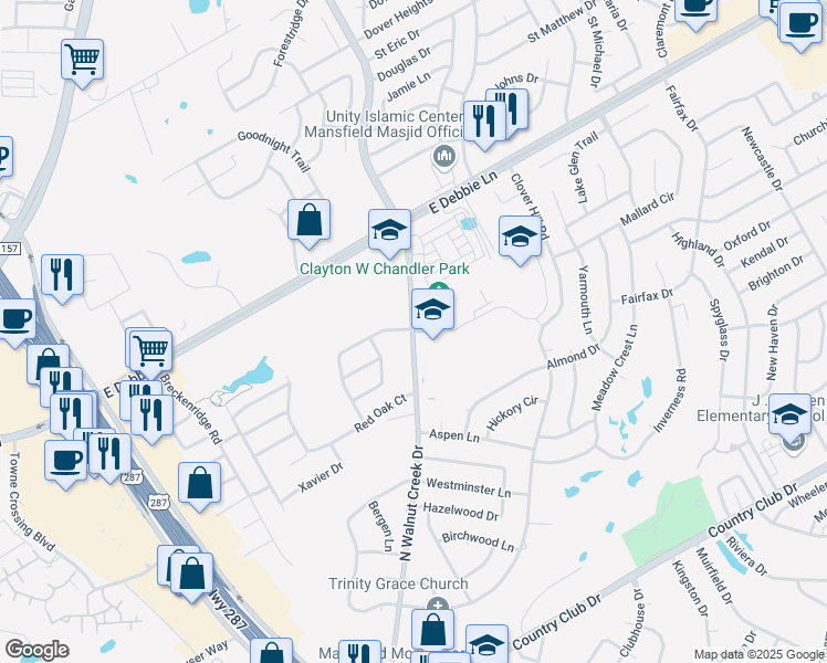 map of restaurants, bars, coffee shops, grocery stores, and more near 1526 North Walnut Creek Drive in Mansfield