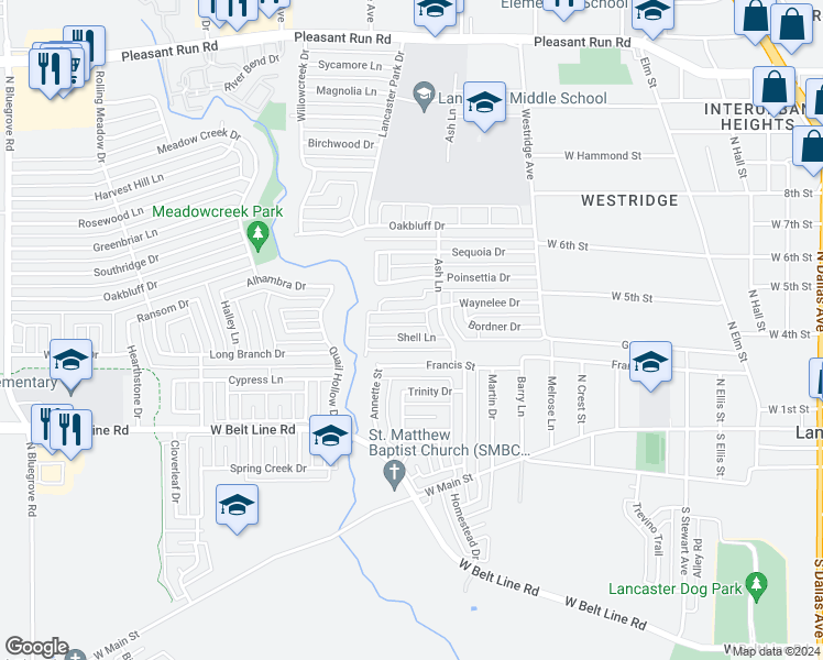 map of restaurants, bars, coffee shops, grocery stores, and more near 921 Shell Lane in Lancaster