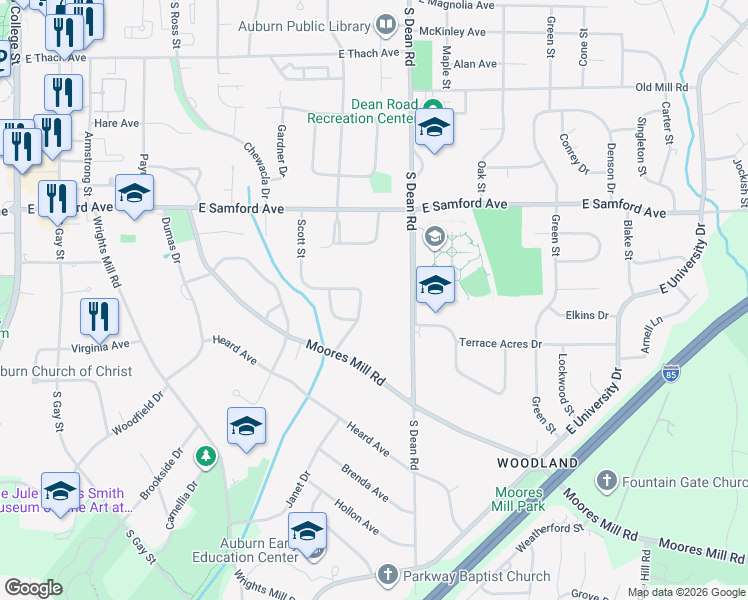 map of restaurants, bars, coffee shops, grocery stores, and more near 623 Forestdale Drive in Auburn