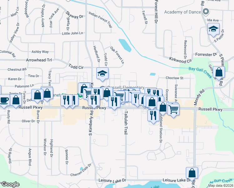 map of restaurants, bars, coffee shops, grocery stores, and more near 123 Stoneridge Drive in Warner Robins