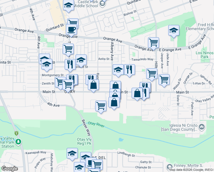 map of restaurants, bars, coffee shops, grocery stores, and more near 3490 Main Street in Chula Vista