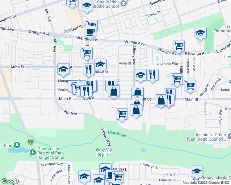 map of restaurants, bars, coffee shops, grocery stores, and more near 1679 Banner Avenue in Chula Vista