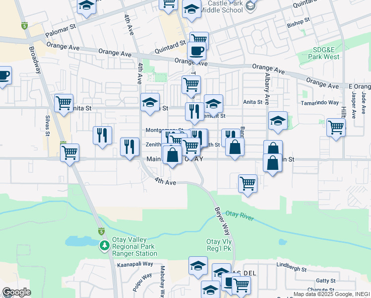 map of restaurants, bars, coffee shops, grocery stores, and more near in Chula Vista