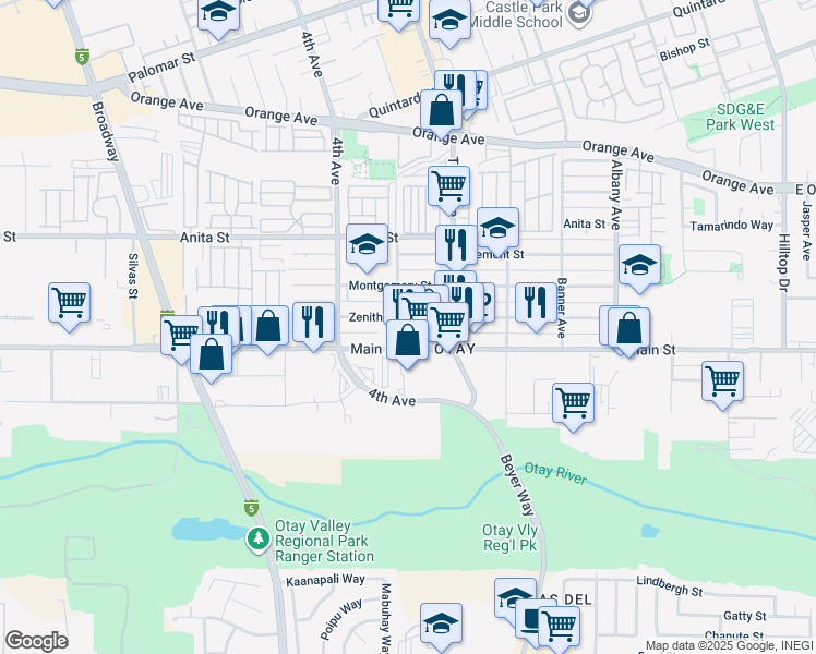 map of restaurants, bars, coffee shops, grocery stores, and more near 3132 Main Street in Chula Vista