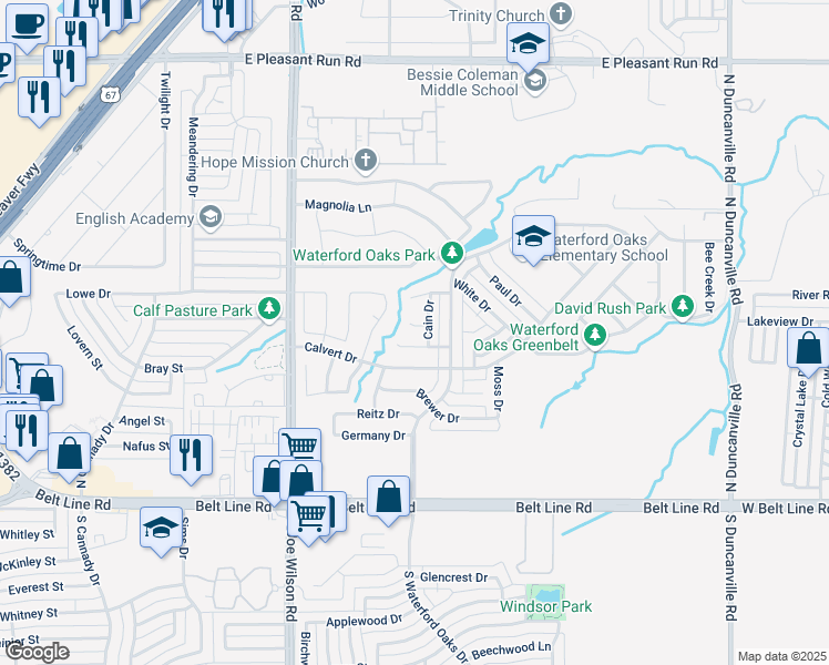 map of restaurants, bars, coffee shops, grocery stores, and more near 1105 Cain Court in Cedar Hill