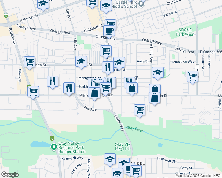 map of restaurants, bars, coffee shops, grocery stores, and more near in Chula Vista