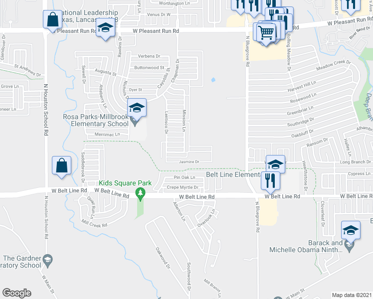 map of restaurants, bars, coffee shops, grocery stores, and more near 608 Mission Lane in Lancaster