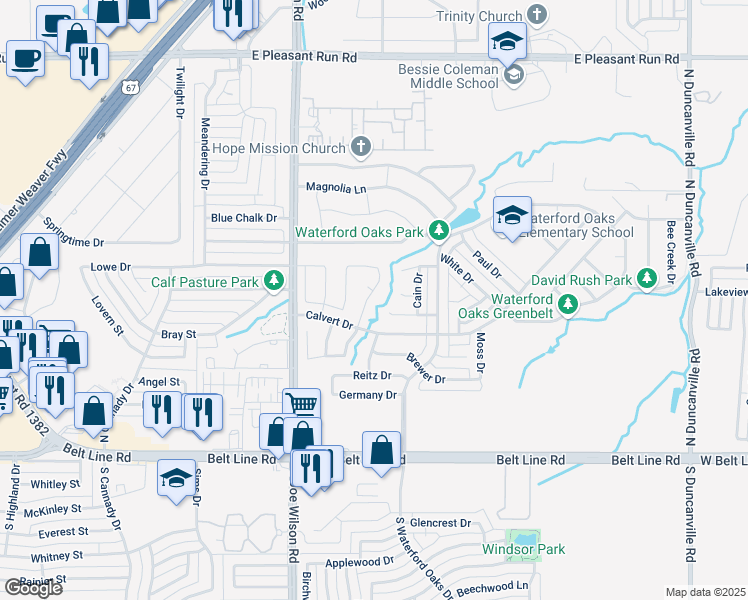 map of restaurants, bars, coffee shops, grocery stores, and more near 207 Chamblin Drive in Cedar Hill