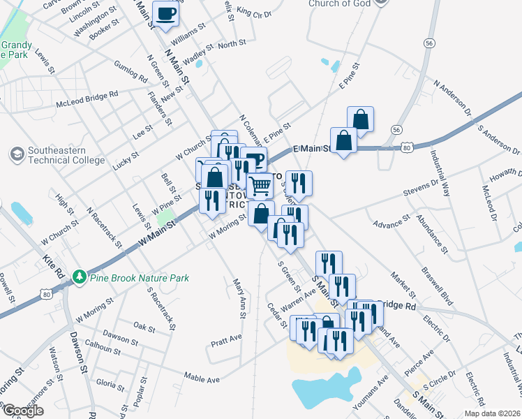 map of restaurants, bars, coffee shops, grocery stores, and more near 202 South Main Street in Swainsboro