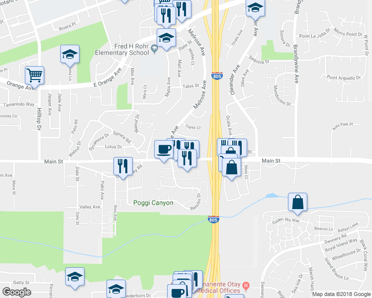 map of restaurants, bars, coffee shops, grocery stores, and more near 4356 Otay Valley Road in Chula Vista