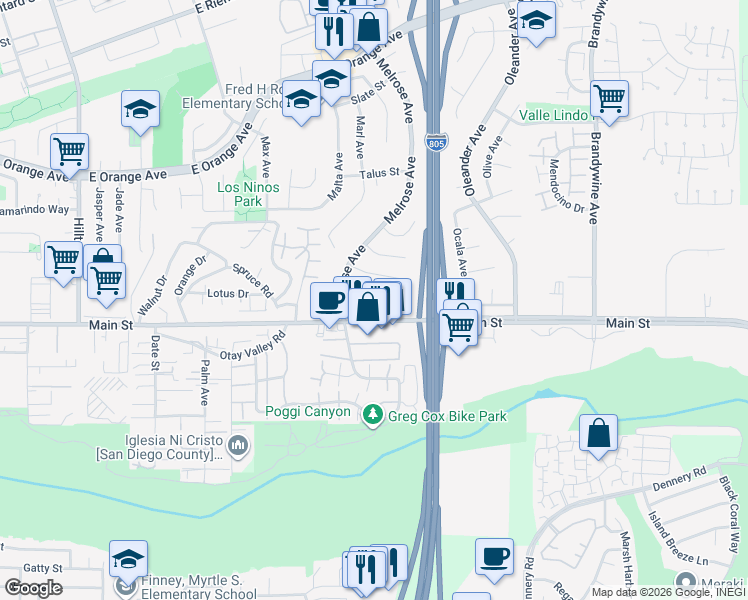 map of restaurants, bars, coffee shops, grocery stores, and more near 1677 Melrose Avenue in Chula Vista