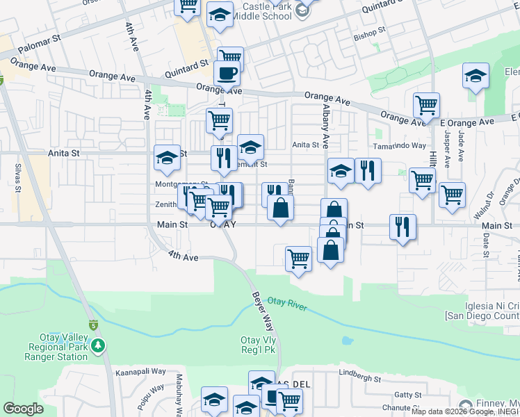 map of restaurants, bars, coffee shops, grocery stores, and more near 3342 Main Street in Chula Vista