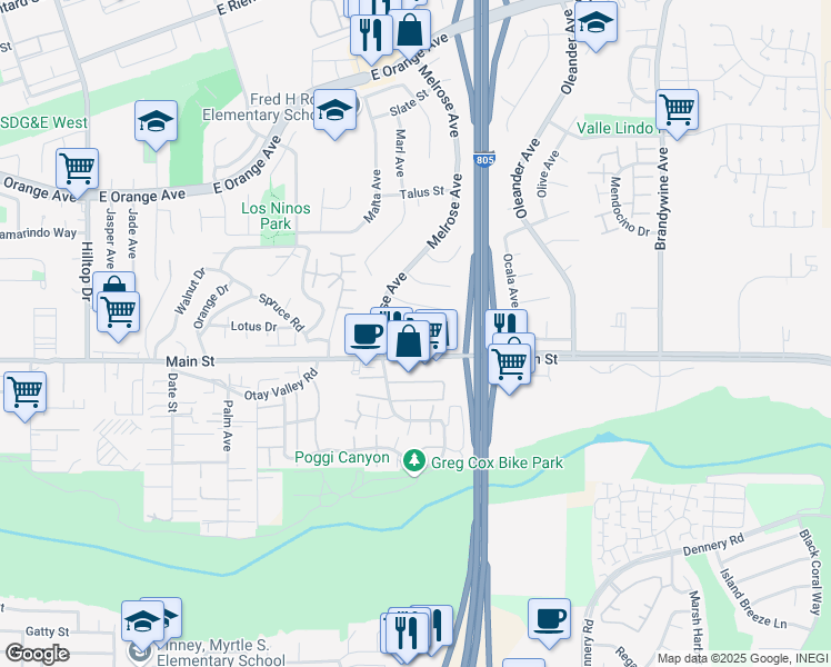map of restaurants, bars, coffee shops, grocery stores, and more near 1679 Melrose Avenue in Chula Vista