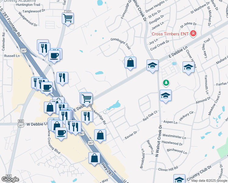map of restaurants, bars, coffee shops, grocery stores, and more near 250 East Debbie Lane in Mansfield