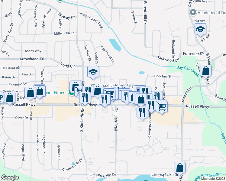 map of restaurants, bars, coffee shops, grocery stores, and more near 141 Stonehedge Drive in Warner Robins