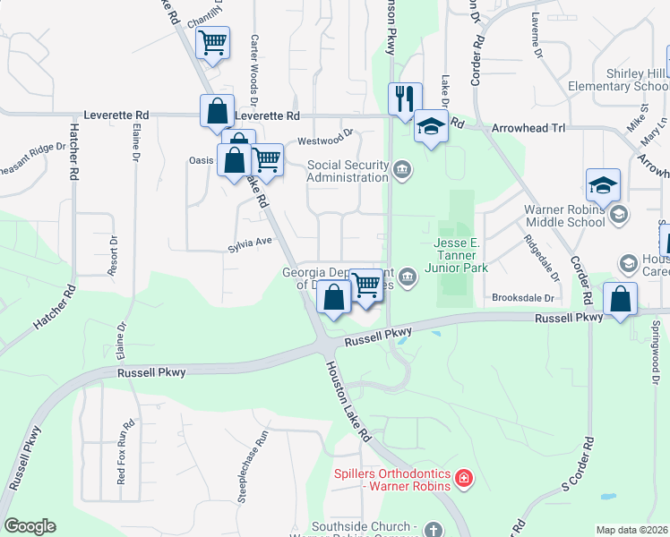 map of restaurants, bars, coffee shops, grocery stores, and more near 200 Engracia Drive in Warner Robins