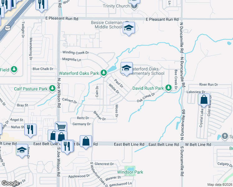 map of restaurants, bars, coffee shops, grocery stores, and more near 1221 White Drive in Cedar Hill