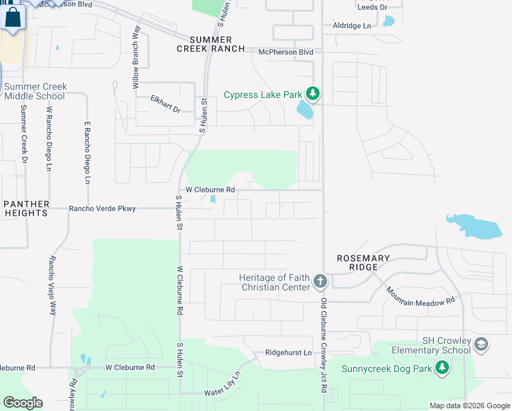 map of restaurants, bars, coffee shops, grocery stores, and more near Greenham Ln. in Crowley