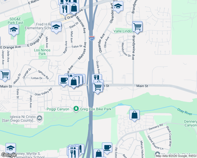 map of restaurants, bars, coffee shops, grocery stores, and more near 468 Tanbark Street in Chula Vista