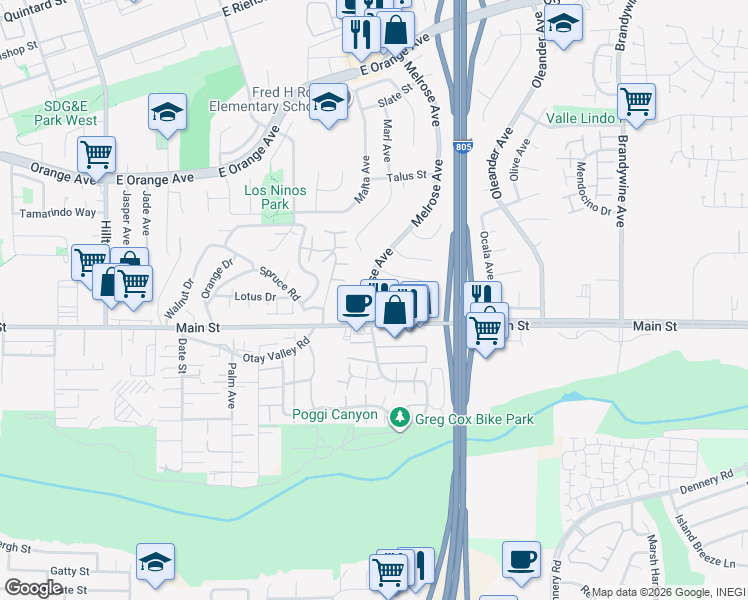 map of restaurants, bars, coffee shops, grocery stores, and more near 1682 Melrose Avenue in Chula Vista
