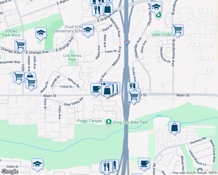 map of restaurants, bars, coffee shops, grocery stores, and more near 1679 Melrose Avenue in Chula Vista